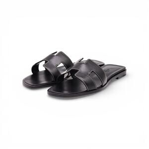 Hermes Oran Women's Leather Slide H Sandals Black EU 36 US 5.5 - New $840